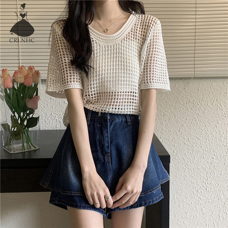 Áo Dệt Kim Ngắn Tay Dáng Rộng Phong Cách Vintage Thời Trang Mùa Hè Giản Dị Dành Cho Nữ