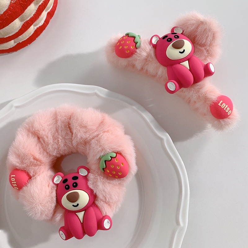 PVN60432 Kẹp Tóc Hình Gấu Dâu Tây Bằng Lông Nhung Thời Trang