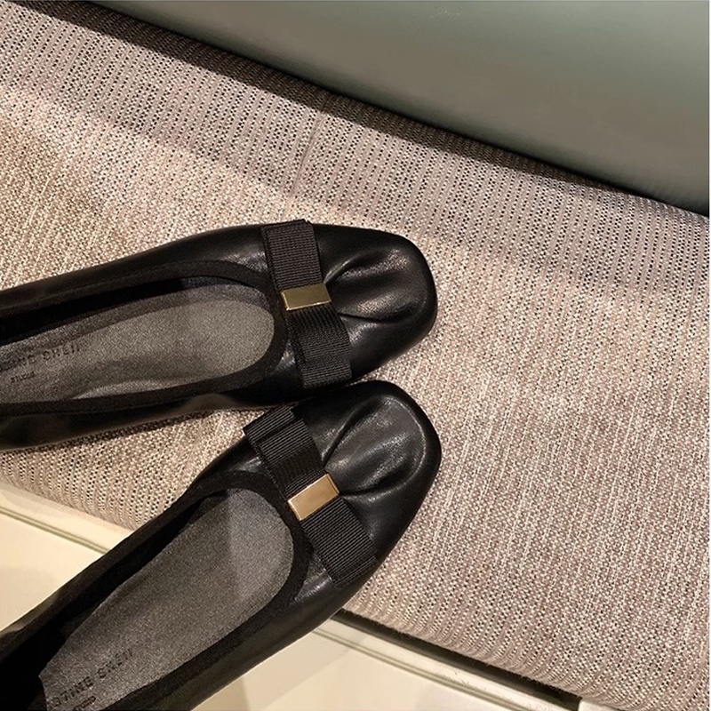 Prowow❤Giày Búp Bê Da Thật Đế Mềm Mũi Vuông Đính Nơ Thời Trang Cho Nữ