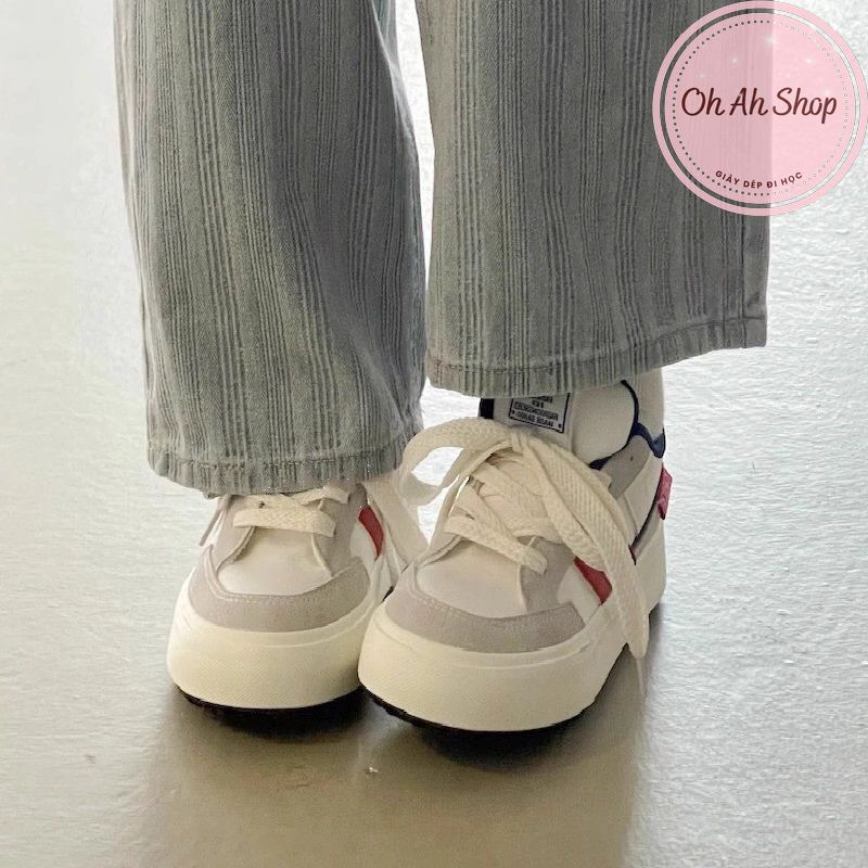 🍓  Giày Nữ Đi Học Giày Vải Canvas Màu Xám Kẻ Đỏ Gót Navy Loại 1  Ohahshopgiaydep