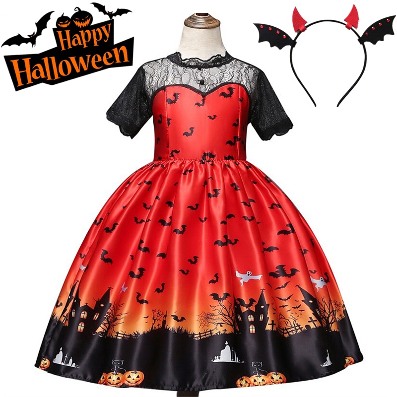 Đầm Hóa Trang Halloween Phối Lưới Phù Thủy Cho Bé Gái Mẫu Mới 2023 3-10 Tuổi