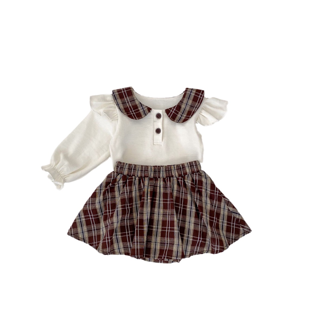 Bộ Áo Dài Tay + Quần Culottes Xếp Ly Sọc Caro Phong Cách Preppy Mùa Thu Hợp Thời Trang