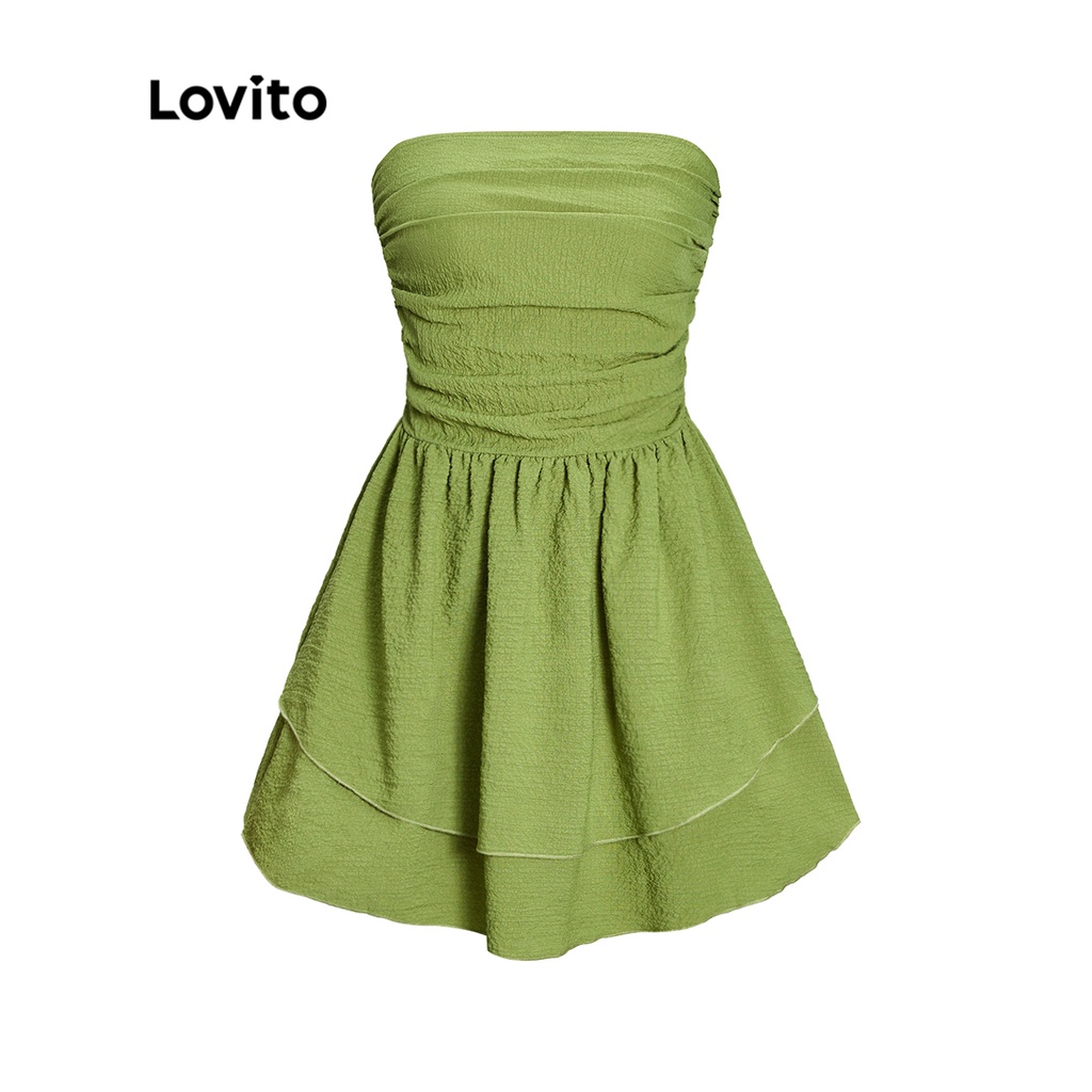 Đầm Lovito phong cách thường ngày màu trơn xếp nếp dành cho nữ L54ED136