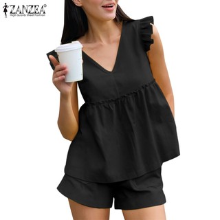 Zanzea set áo cổ chữ v tay lỡ cổ chữ v + quần short lưng thun thời trang nữ