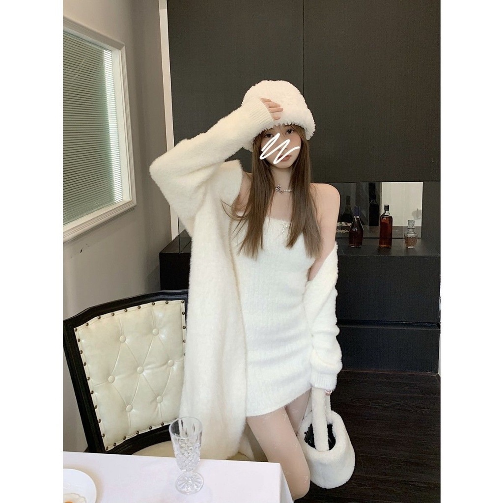 Set 2 Mảnh Phong Cách Tiêu Thư, Màu Trắng Sang Trọng Thuần Khiết Mix Áo Cardigan