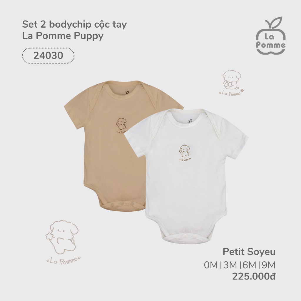 La Pomme - Set 2 Body chip cộc tay La Pomme Puppy - Trắng, Be, Cam Xanh cho bé 0M 3M 6M 9M