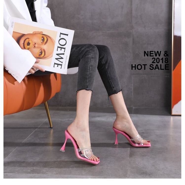 Giày Cao Gót Mũi Vuông Trong Suốt Đính Đá Trang Trí Sang Trọng Thời Trang Cho Nữ