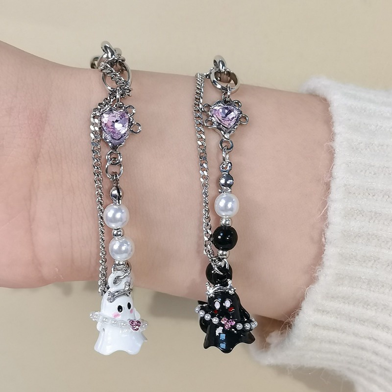 Vòng Tay Chuỗi Hạt Y2K Màu Trắng Đen Đính Hình Ma Dễ Thương Thời Trang Halloween Cho Nam Và Nữ