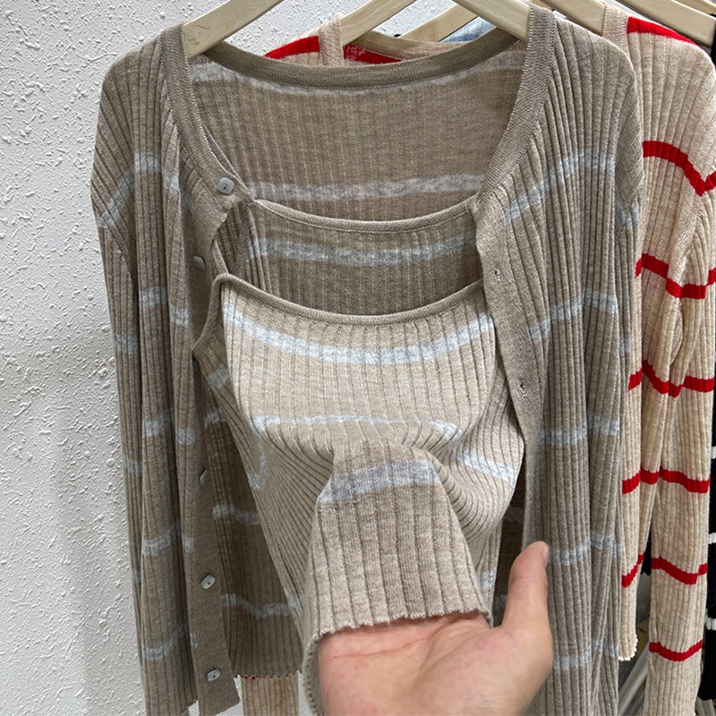 Brand cut label remove Cabinet spring clothes lazy style retro striped knitted cardigan women's design sense sling two-piece coat MC clothing XYXV