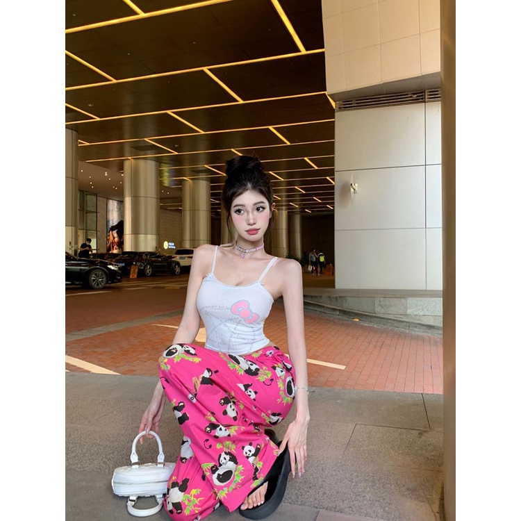 Quần Dài Thể Thao Ống Rộng Lưng Thun Rút Dây In Họa Tiết Hoạt Hình Thời Trang Mùa Hè Cho Nữ