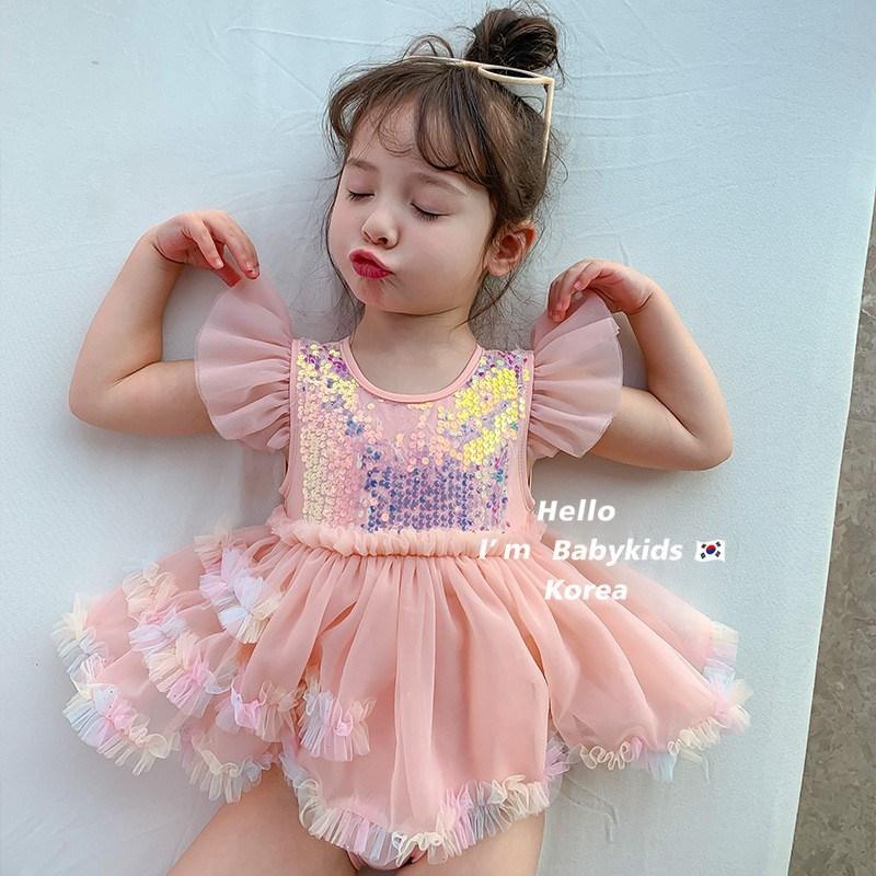 Bé Gái Đồ Bơi Bé Gái Váy Lưới Lấp Lánh Tay Áo Bơi Có Mũ Bơi Đồ Bơi Trẻ Em