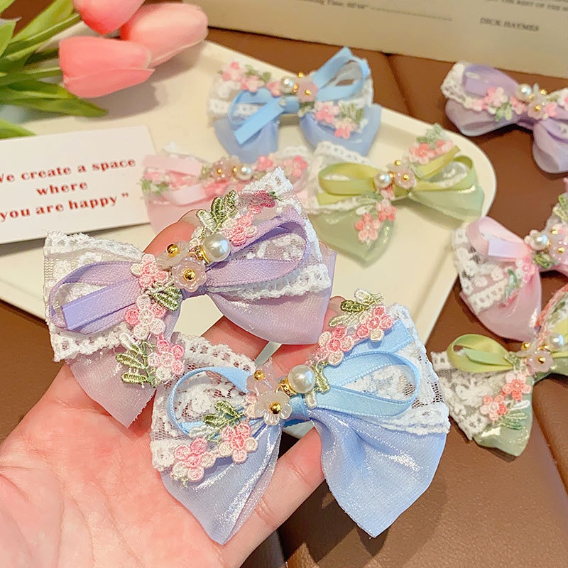 Kẹp Tóc Nơ Ren Hoa Đính Ngọc Trai Tinh Tế