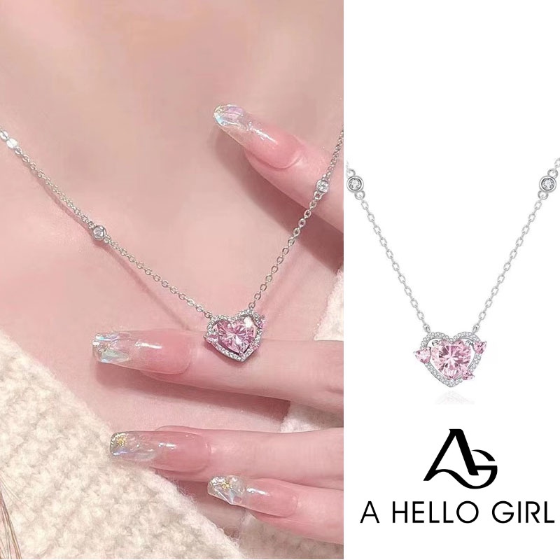 Ahellogirl trái tim màu hồng zircon vòng cổ hợp kim chuỗi xương đòn thời trang phụ kiện phong cách lạnh