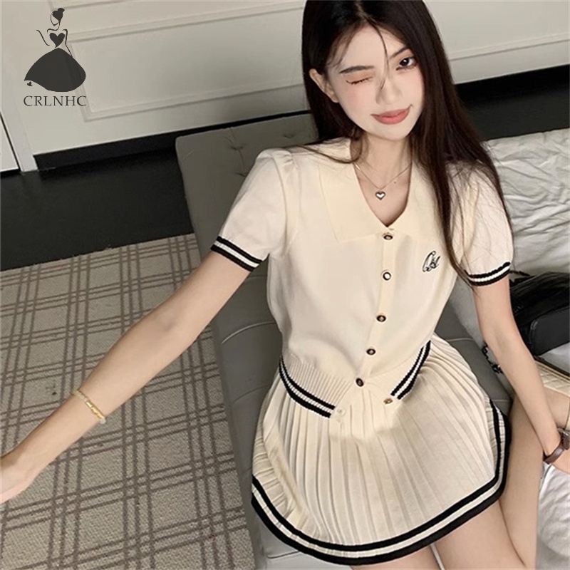 Set Áo Thun Ngắn Tay Và Chân Váy Xếp Ly Phong Cách Preppy Thời Trang Mùa Hè Dành Cho Nữ