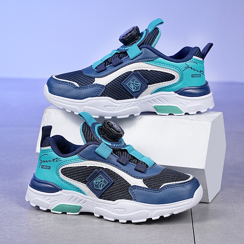 New boys sneakers mesh thoáng khí trẻ em ngoài trời giày thể thao thời trang nút xoay trẻ em giày đi bộ nhẹ