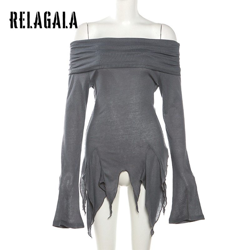 Relagala women's 2023 new solid color slim street fashion off shoulder halter t-shirt dài tay