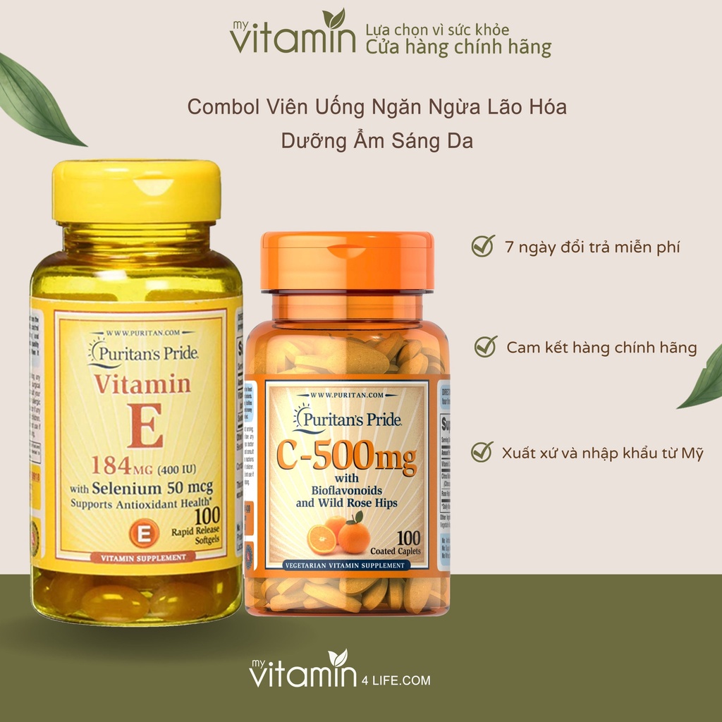 Combo viên uống ngăn ngừa lão hóa, dưỡng ẩm, sáng da Vitamin E & Vitamin C Puritan's Pride của Mỹ