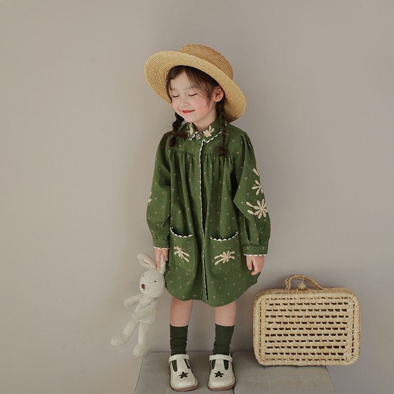 Set Đầm Cổ Bẻ Thêu Hình Chú Voi / Hoa Xinh Xắn Thời Trang Mùa Xuân 2023 Cho Bé Gái