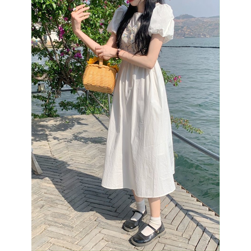 Váy dài thời trang retro hoa giả hai chiếc váy dài eo người phụ nữ