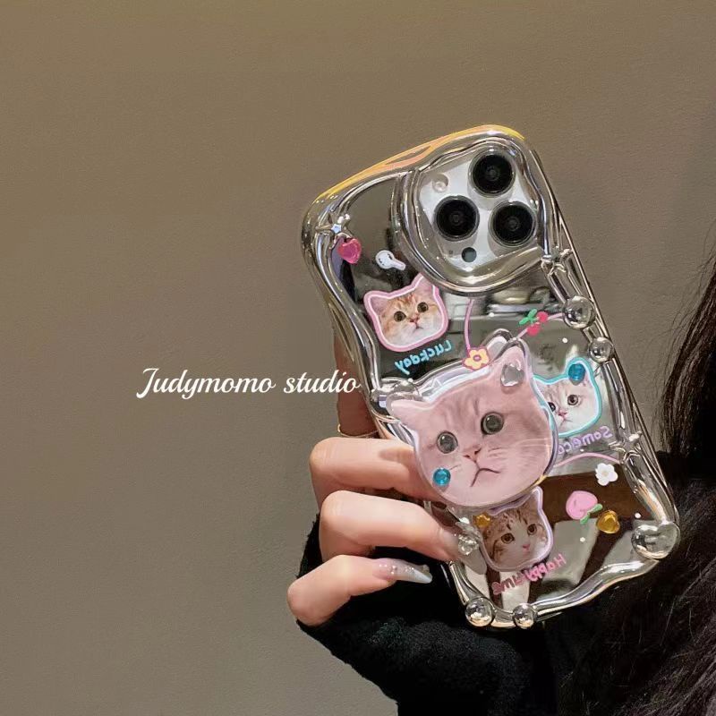 Ốp lưng iPhone Hello kitty for iphone14pro electroplated silver soft case rhinestone cat bracket drop-resistant apple 13 phone case
