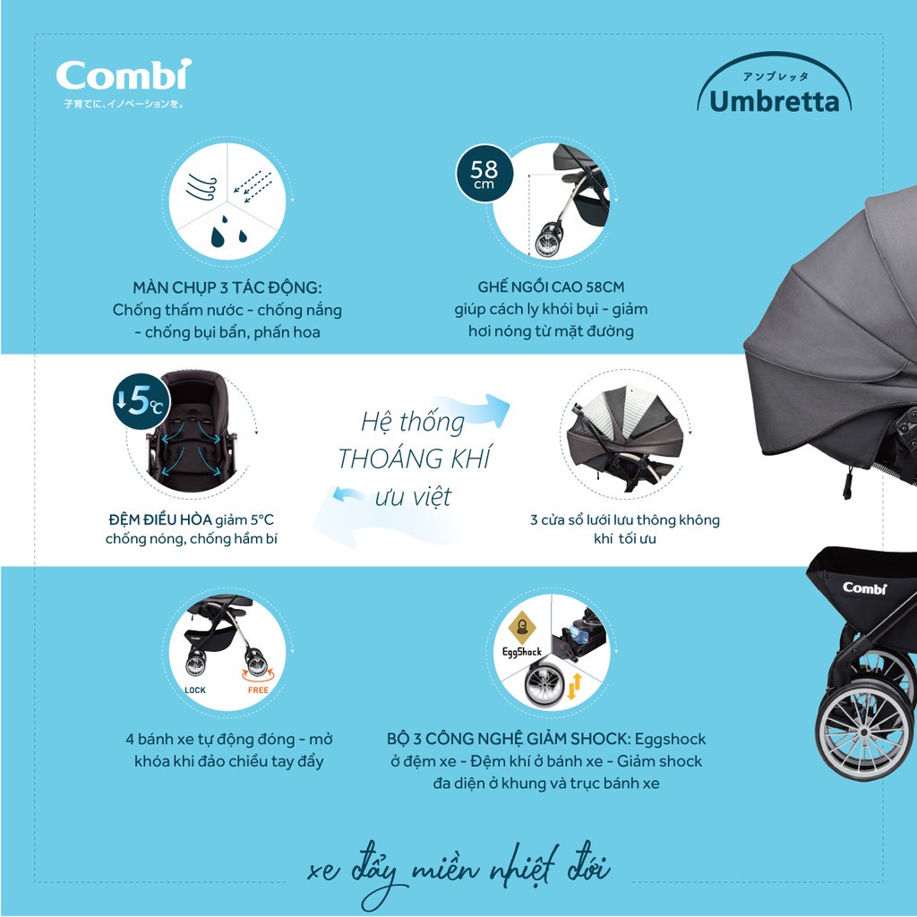 Xe đẩy gấp gọn Combi Umbretta cho bé, xe đẩy em bé cao cấp bánh xe tự điều chỉnh