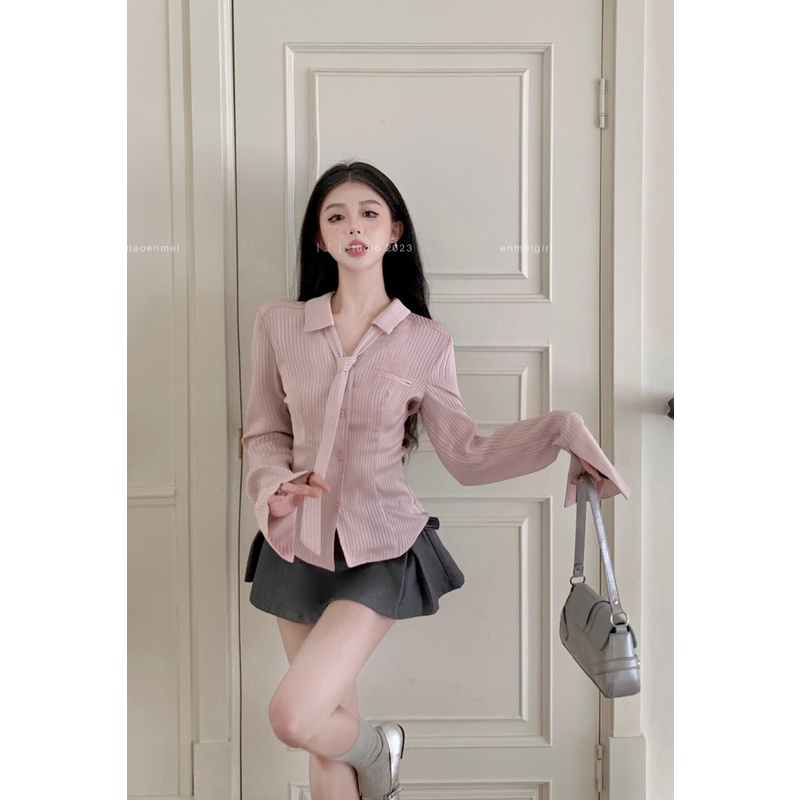 「Nonfatgirl」Pure Desire Áo Sơ Mi Lụa Satin Tay Dài Thắt Eo Hẹp + Chân Váy Eo Cao Hakama Kẻ Sọc Màu Hồng Ngọt Ngào Mùa Xuân Cho Nữ Haka