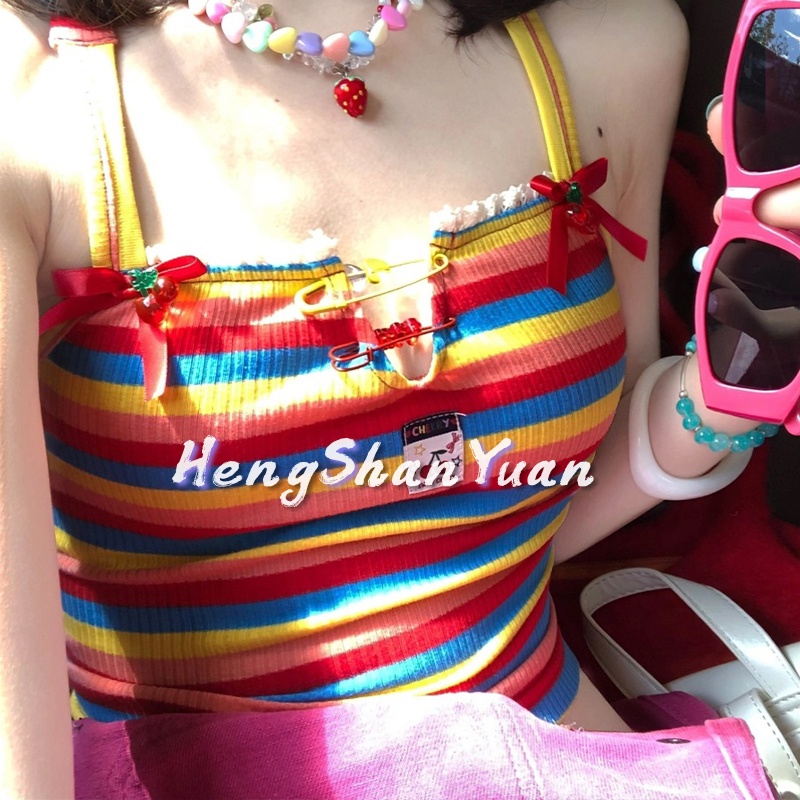 Áo hai dây HENG SHAN YUAN phối màu cầu vồng đơn giản thời trang mùa hè gợi cảm dành cho nữ