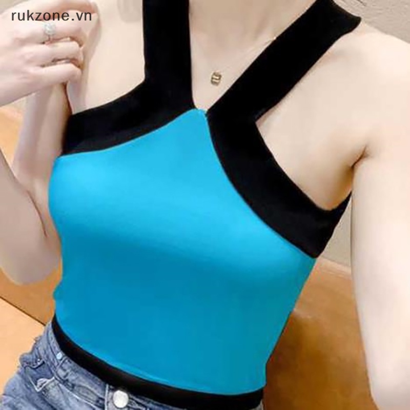 Zon mùa hè tương phản màu Áo hai dây dệt kim phụ nữ sexy không tay mỏng trên cùng ig