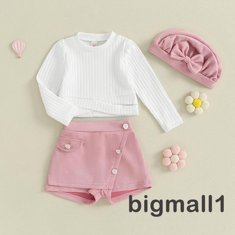 Bigmall-6 tháng-5 tuổi bé gái bộ quần áo 3 mảnh thường dài tay áo sơ mi cổ tròn và mũ quần đùi có nút cho bữa tiệc