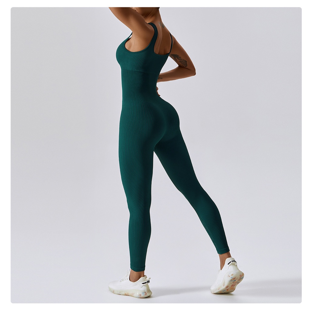 Bộ Tập Yoga GYM J-6848 Jumpsuit Liền Thân Dệt Kim Gân Tăm Cổ Chữ U Siết Eo Siêu Tôn Dáng