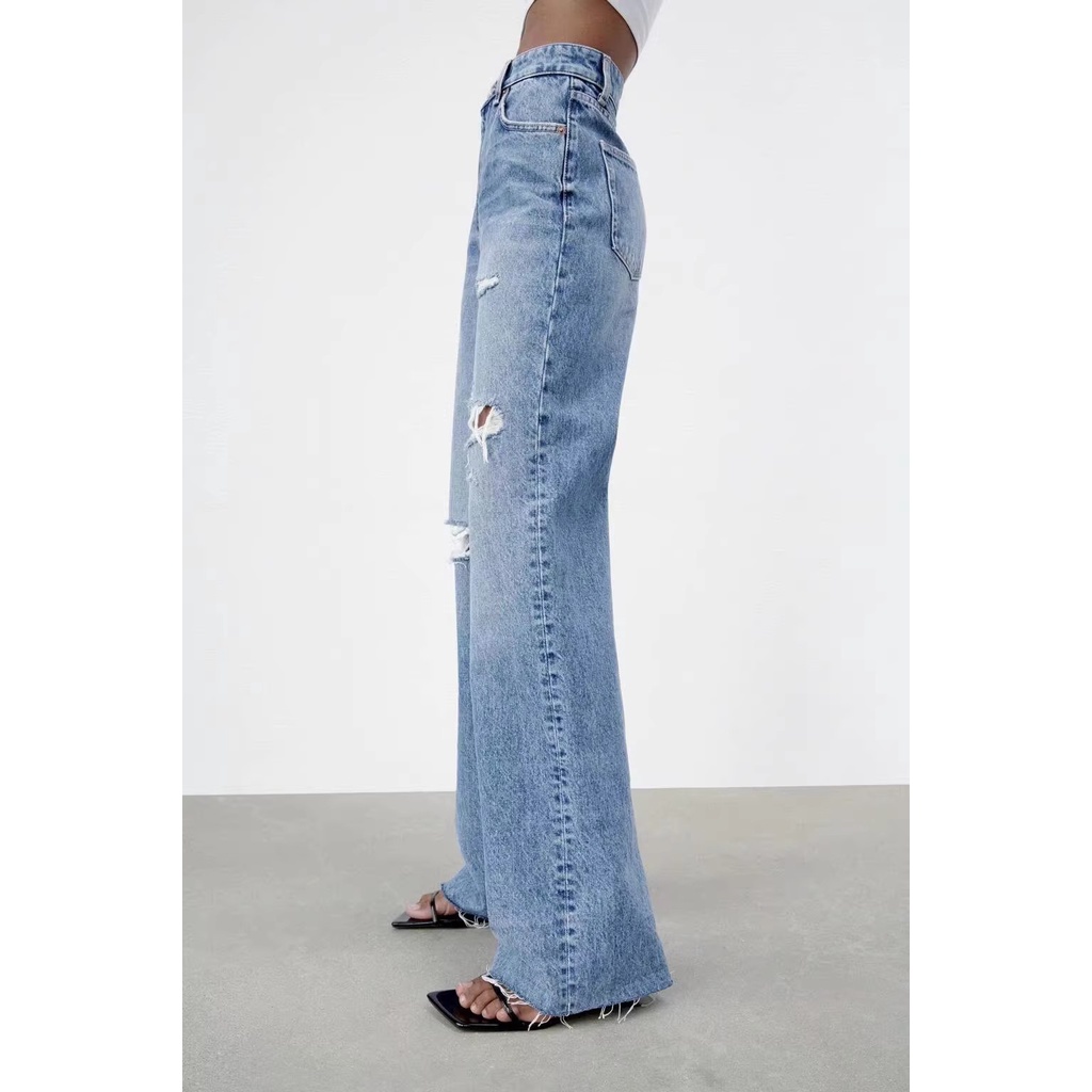 Zara mùa hè phong cách mới mảnh mai hơn nhìn thẳng lưng cao quần jean rách trang trí chân rộng06045227407