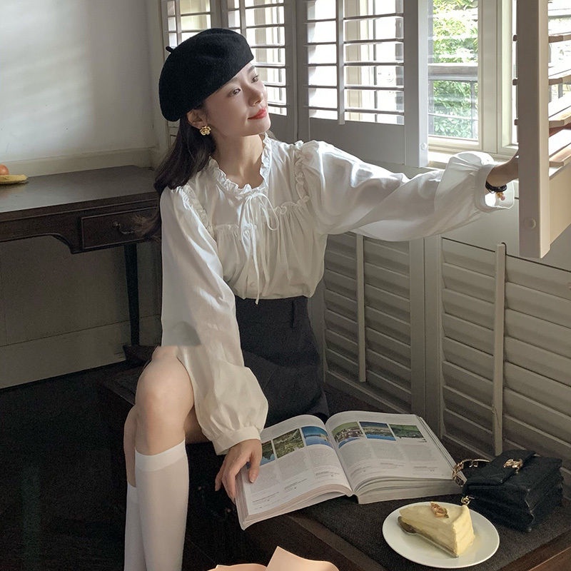 Áo sơ mi nơ pháp của phụ nữ áo sơ mi dưới cùng ren-up màu xanh băng trên