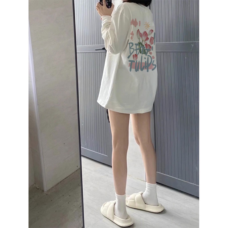 Chalizi autumn 100% cotton dài tay t-shirt nữ phiên bản hàn quốc mẫu thời trang lỏng lẻo cổ tròn cặp đôi phong cách hàng đầu
