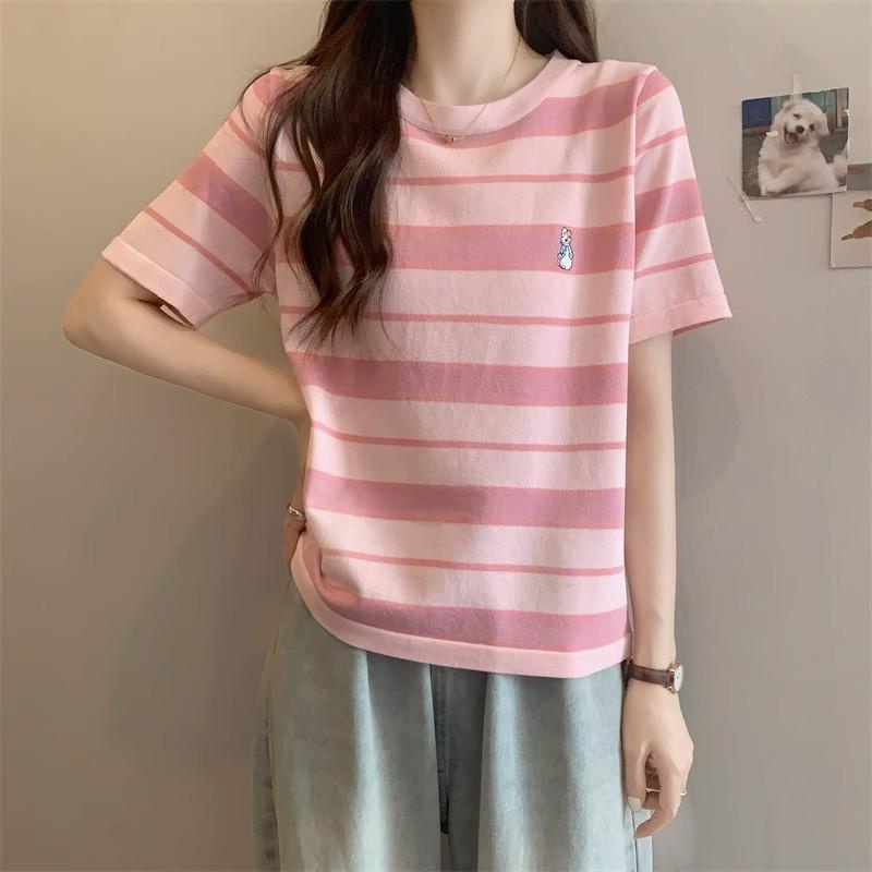 Áo thun COZOK dáng rộng ngắn tay họa tiết sọc đơn giản phong cách Hong Kong thời trang