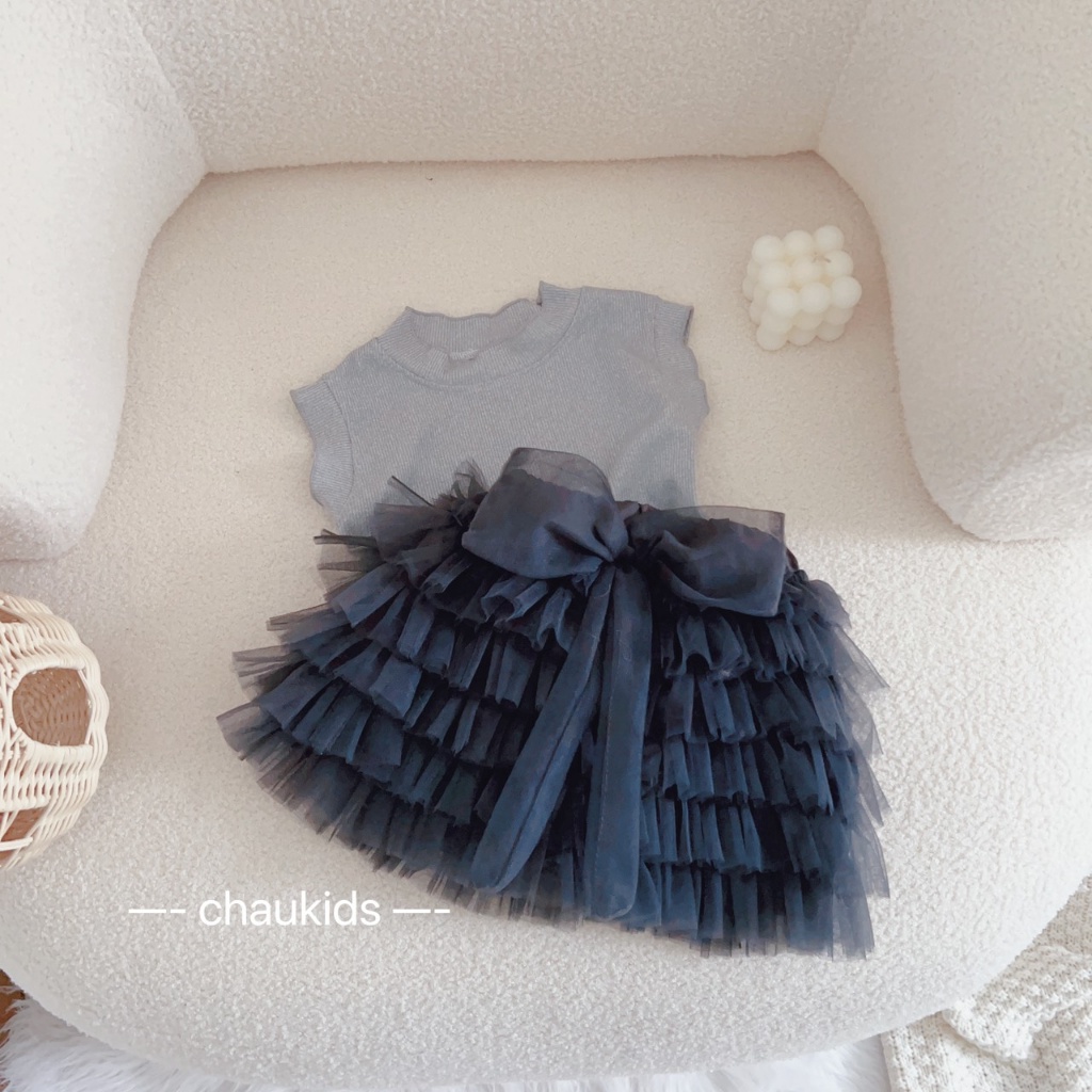 SET ÁO SÁT NÁCH TĂM PHỐI CHÂN VÁY TẦNG ĐÍNH NƠ CHO BÉ GÁI SIZE 8-18KG