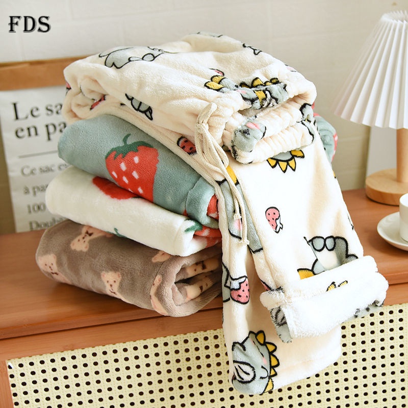 Fds quần pyjama mùa đông phụ nữ flannel quần dày ấm áp dễ thương phim hoạt hình san hô lông cừu khủng long thẳng cộng với kích thước quần rộng rãi ở nhà