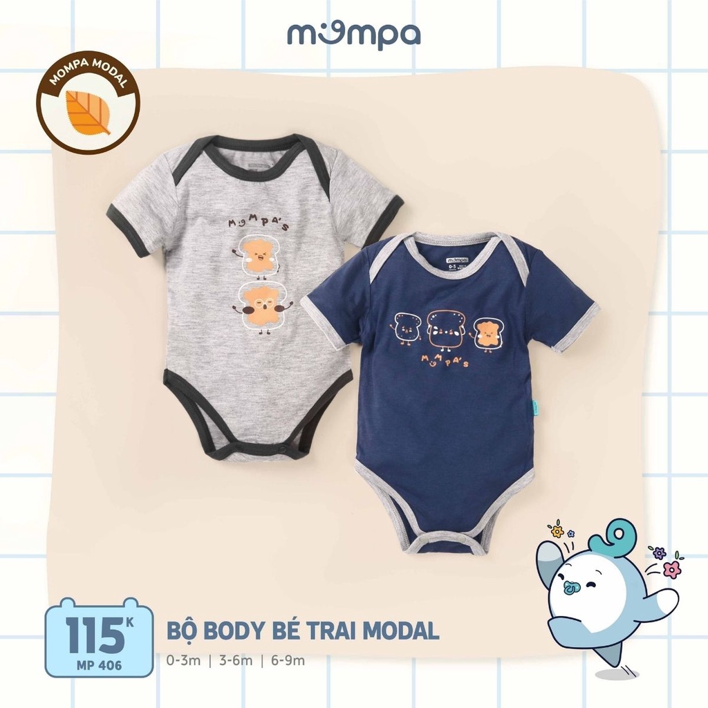 Bộ bodychip cộc tay cho bé sơ sinh Mompa 0 đến 9 tháng vải modal mềm mại thoáng mát dễ thay bỉm 406 đến 407