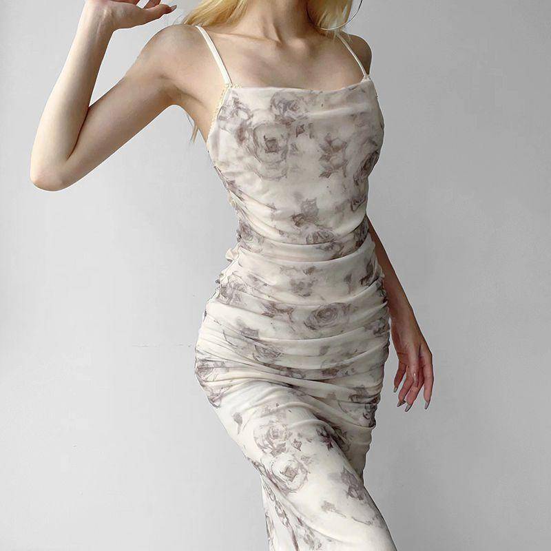 Iamthicc phong cách trung quốc mới hoa hồng kiểu pháp sling dress nữ tính khí lady xếp ly slim-fit xẻ tà váy