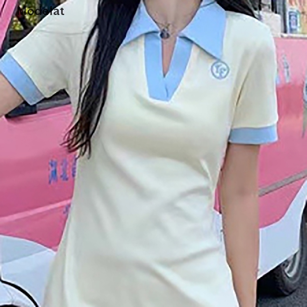 Đầm thể thao GJCUTE MFC ngắn dáng ôm cổ chữ v màu sắc tương phản thời trang mùa hè thanh lịch cho nữ