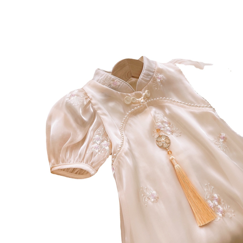 Đầm Sườn Xám Cách Tân Thêu Họa Tiết Đính Ngọc Trai Thời Trang Mùa Hè 2022 Cho Bé Gái