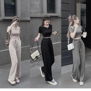 ✨FULL SET✨Set tăm gân trơn quần suông dây buộc lưng 3 màu