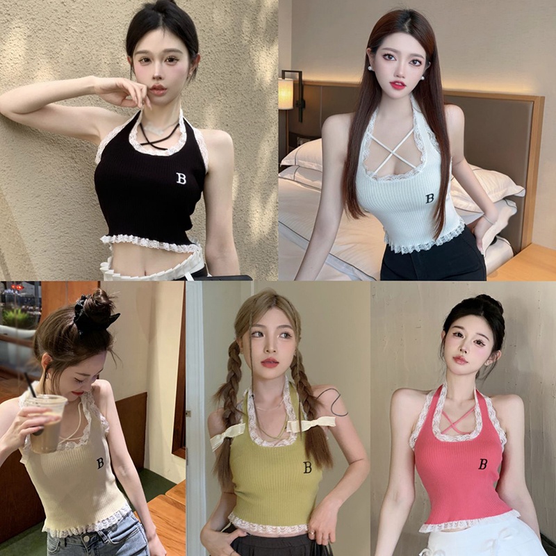 Áo Croptop Dệt Kim Phối Ren Hoa Cho Nữ