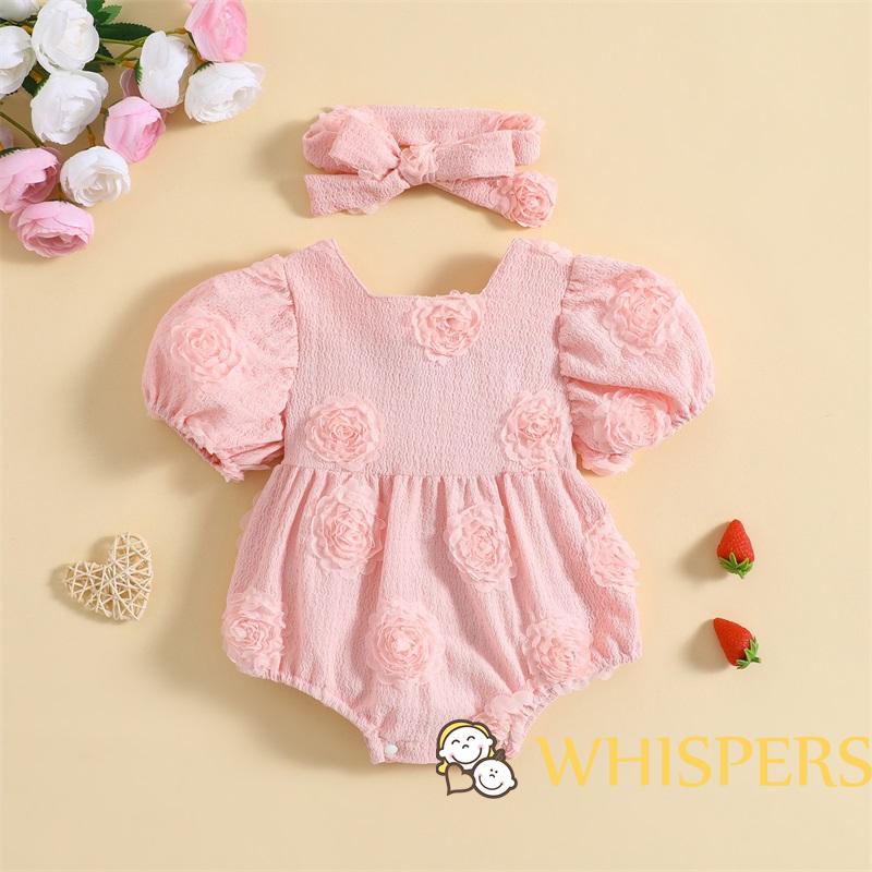 Bộ Áo Liền Quần Cổ Vuông Tay Ngắn In Họa Tiết Hoa 3D Kèm Băng Đô Xinh Xắn Cho Bé Gái 0-24 Tháng Tuổi