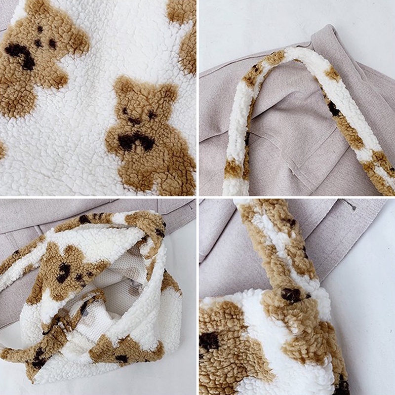 Fancy Túi Tote Xách Tay Bằng Vải Bố Mềm Mại Sức Chứa Lớn Phối Lông Cừu Như Gấu Dành Cho Bạn Nữ
