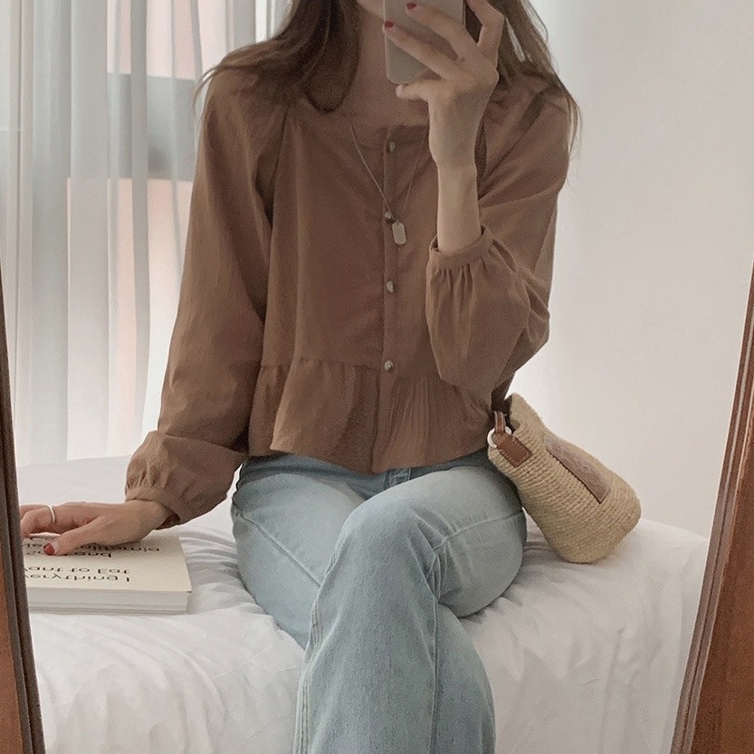 Áo sơ mi SUXI tay dài cổ vuông dáng rộng đơn giản phong cách Hàn Quốc thời trang