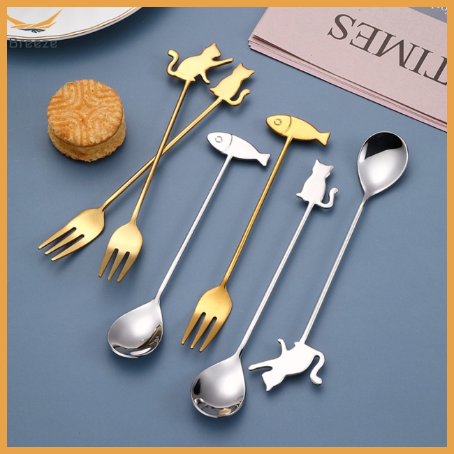 Set 6 Muỗng Nĩa Inox 304 Hình Mèo / Cá Đáng Yêu