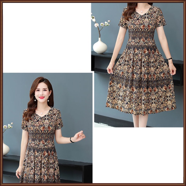 Đầm Tay Ngắn Cổ Chữ V Xếp Ly Dáng Rộng Plus Size Cho Nữ