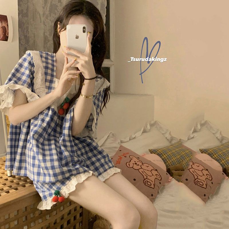 Bộ Đồ Ngủ Ngắn Tay Cổ Vuông Họa Tiết Kẻ Ô Phong Cách Nhật Bản Thời Trang Mùa Hè Hàng Mới Dành Cho Bạn Nữ