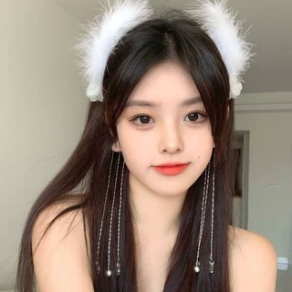 Lông vũ pha lê tua rua đầu lông vũ trắng băng đô quấn tóc cho nữ thời trang cá tính băng đô với dây xích pha lê viền