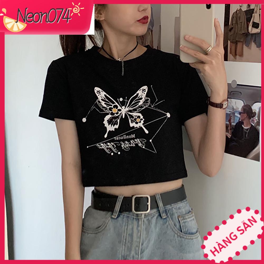 Neon074 Áo Thun Nữ Ngắn Thời Trang Hàn Quốc Ban Đầu Phong Cách Lâu Năm Hàng Cho Mùa Hè Chị Em